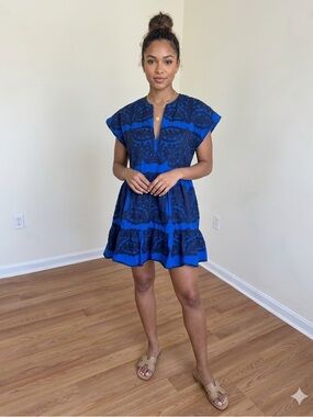 ZARA Blue Black Embroidered V Neck Mini Dress XS Boho Floral Lightweight